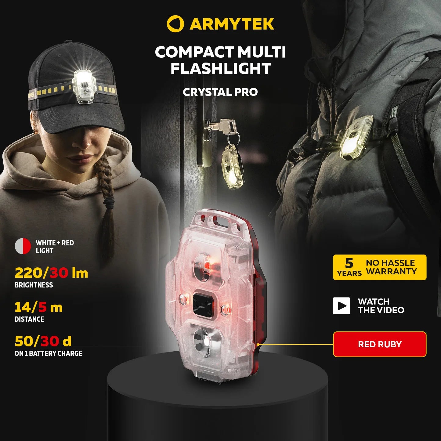 Armytek Crystal Pro 7-in-1 Multi-Function Flashlight – White/Red Light, Motion-Sensing Brake Mode, IP67 Waterproof