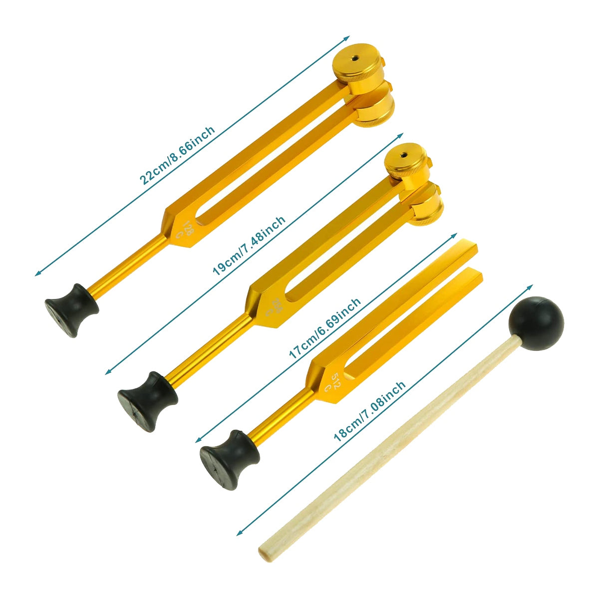 Sound Therapy Gold Tuning Fork Set (128Hz, 256Hz, 512Hz)