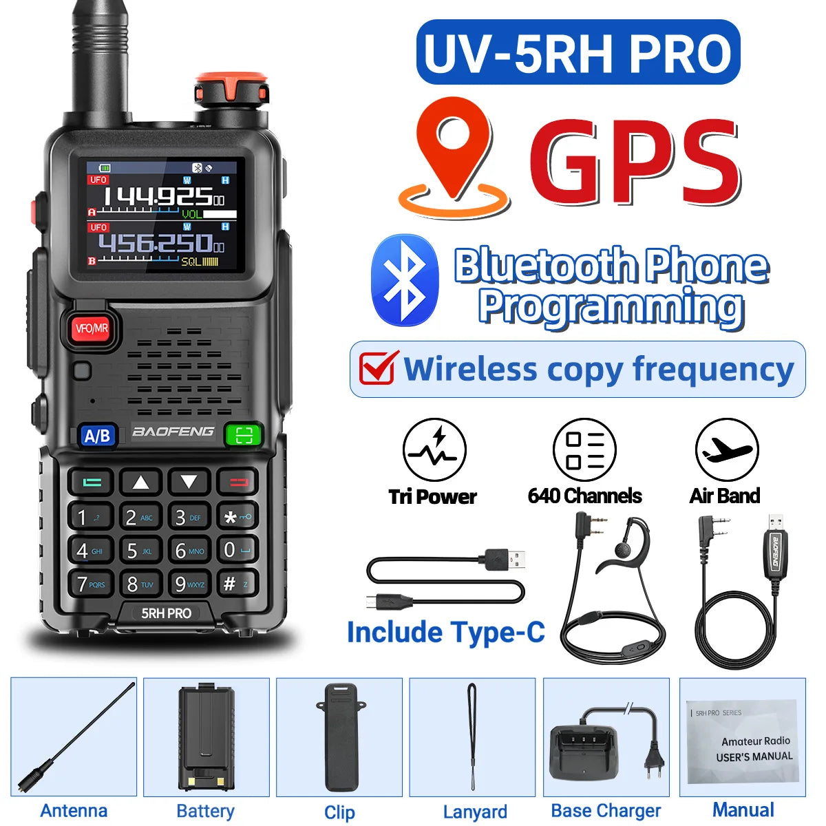 π‘ Baofeng UV-5RH PRO Bluetooth + GPS Walkie Talkie β Long-Range Multi-Band Two-Way Radio with Type-C Charging for Grid-Down Survival, Travel & Tactical Teams