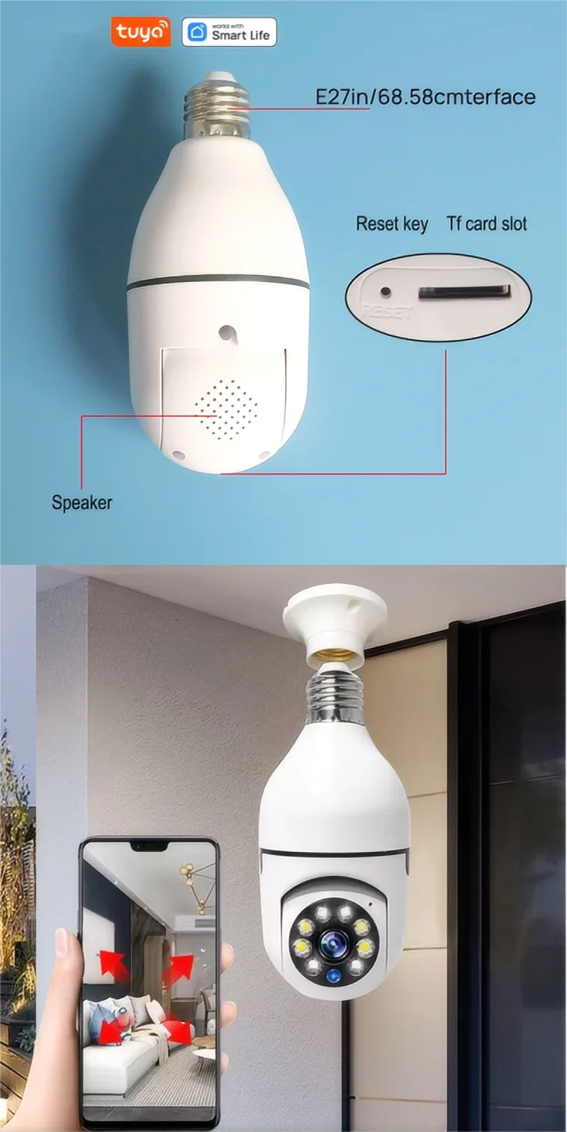 Tuya Smart 2.4G WiFi E27 Light Bulb Security Camera – 360° Surveillance with Two-Way Audio & Motion Detection
