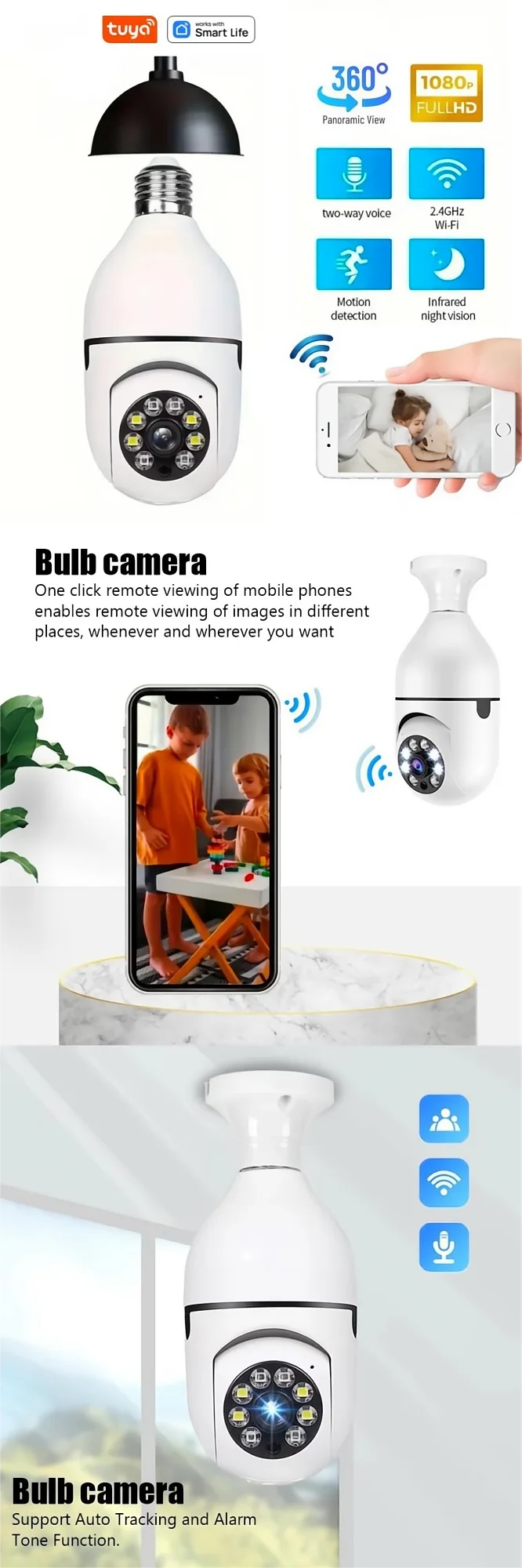 Tuya Smart 2.4G WiFi E27 Light Bulb Security Camera – 360° Surveillance with Two-Way Audio & Motion Detection