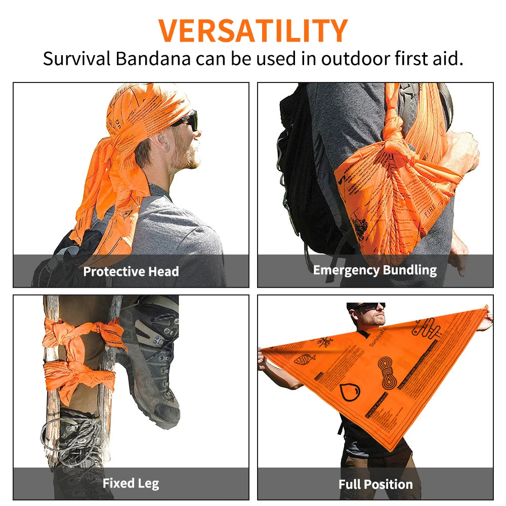 🧢 Survival Bandana – High-Vis Orange with Printed Emergency Tips