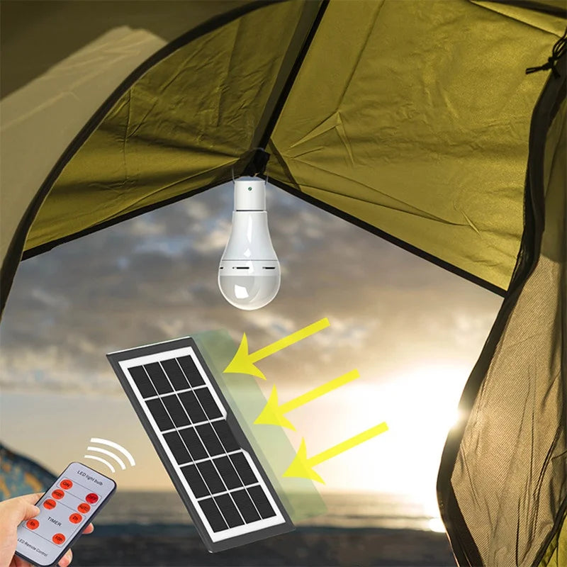 💡 Solar-Powered LED Bulb – USB Rechargeable with Remote, Multi-Brightness Modes & IP65 Waterproof for Camping & Emergencies