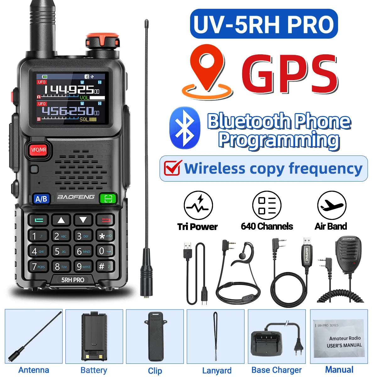 π‘ Baofeng UV-5RH PRO Bluetooth + GPS Walkie Talkie β Long-Range Multi-Band Two-Way Radio with Type-C Charging for Grid-Down Survival, Travel & Tactical Teams