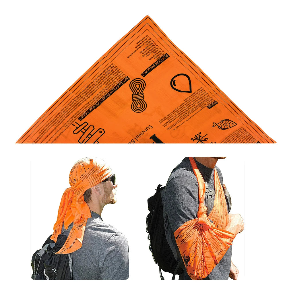 🧢 Survival Bandana – High-Vis Orange with Printed Emergency Tips