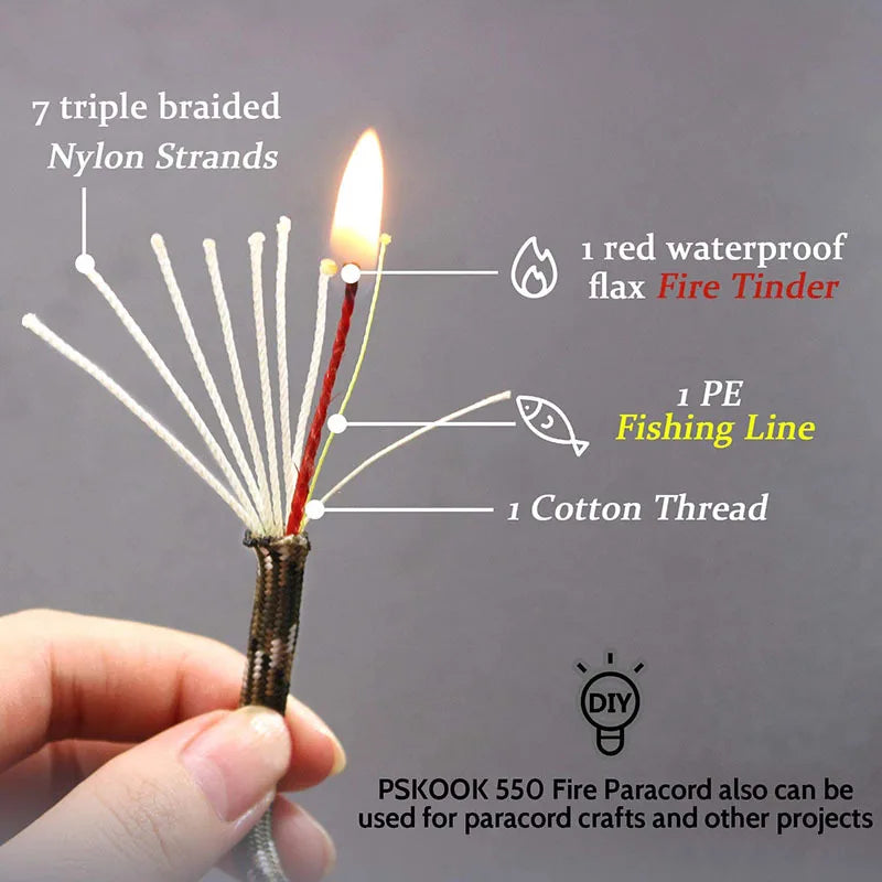Military-Grade 10-Strand 650 Paracord with Fishing Line, Copper Wire & Fire Tinder
