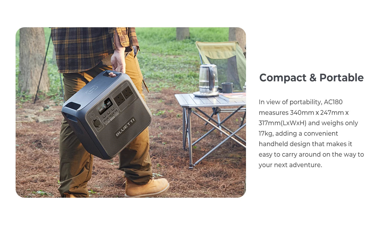 BLUETTI AC180 Portable Power Station – 1152Wh, 1800W Output, 2700W Surge, LiFePO₄, Solar + UPS, Wireless Charging