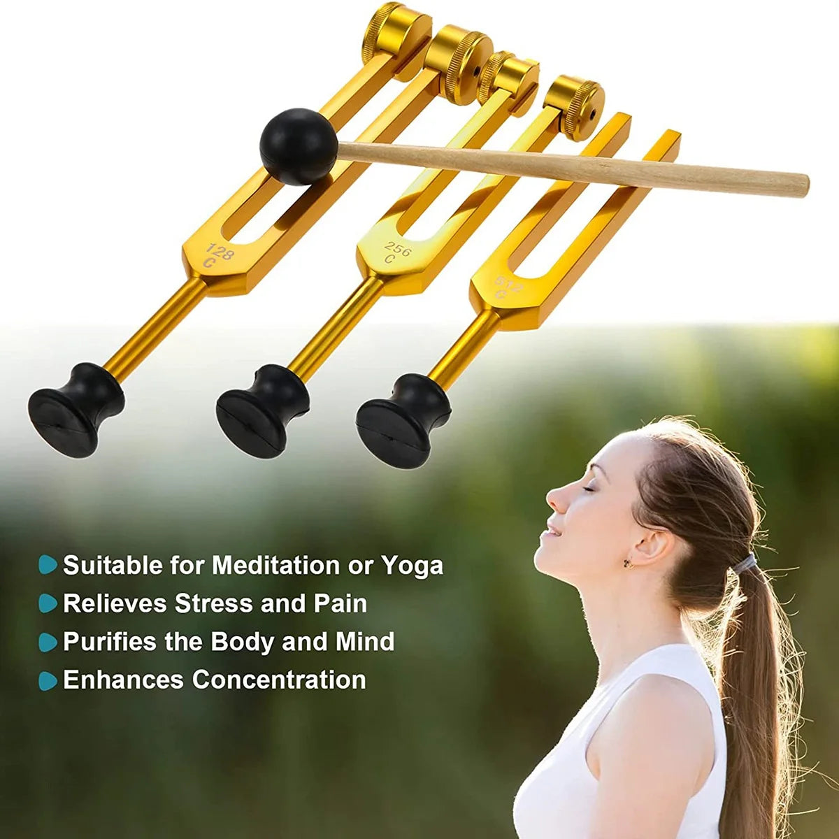 Sound Therapy Gold Tuning Fork Set (128Hz, 256Hz, 512Hz)