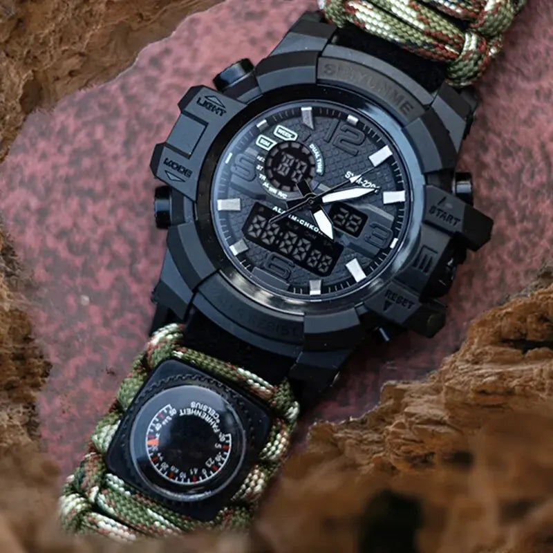 ⌚ Tactical Survival Paracord Watch – Waterproof Military-Grade Outdoor Emergency Gear with Compass, Thermometer & LED Display