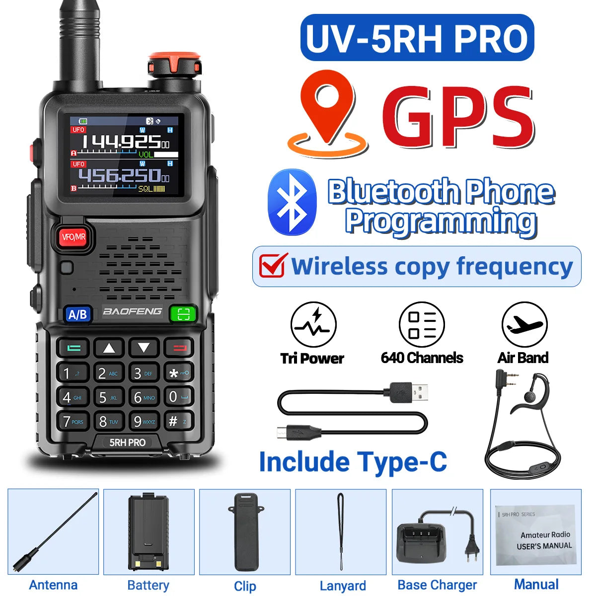 π‘ Baofeng UV-5RH PRO Bluetooth + GPS Walkie Talkie β Long-Range Multi-Band Two-Way Radio with Type-C Charging for Grid-Down Survival, Travel & Tactical Teams
