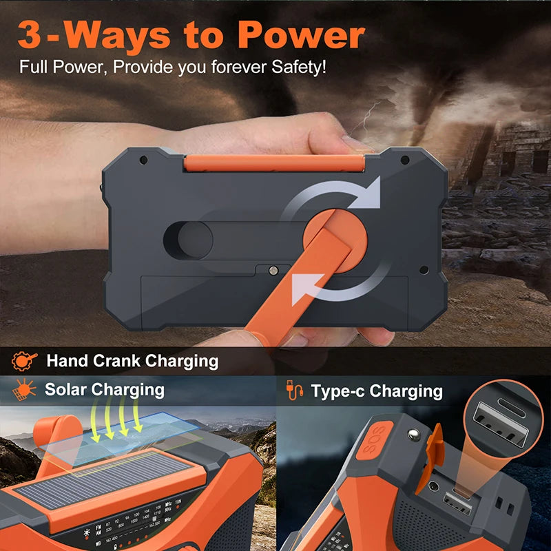 10,000mAh Emergency Weather Radio – Solar Hand Crank NOAA FM/AM/WB with LED Flashlight and Power Bank