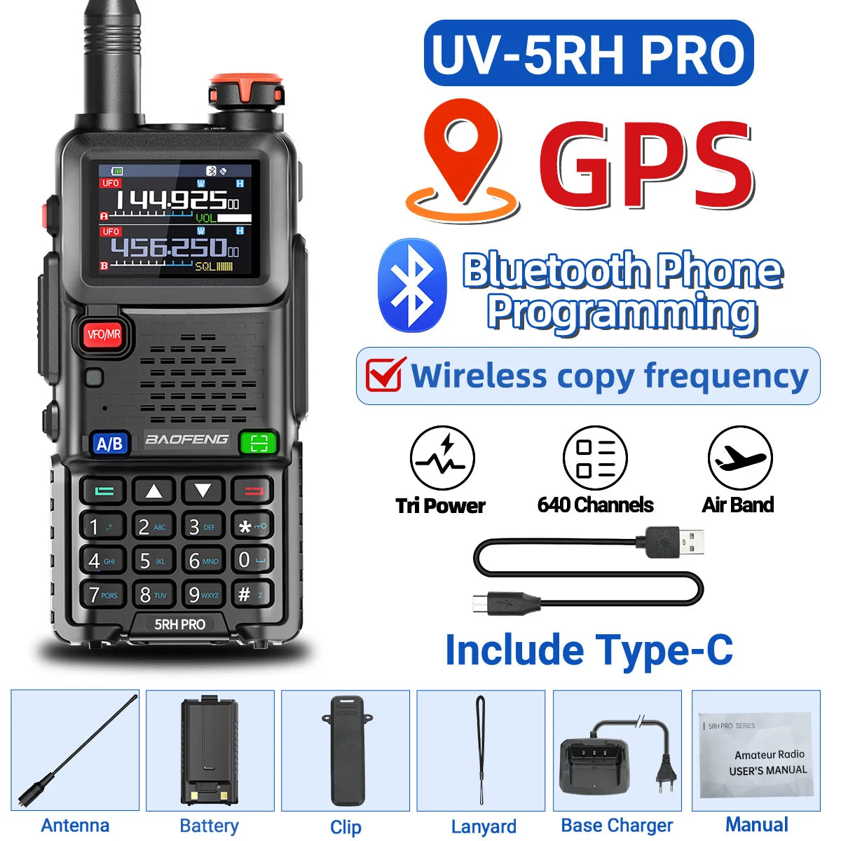 π‘ Baofeng UV-5RH PRO Bluetooth + GPS Walkie Talkie β Long-Range Multi-Band Two-Way Radio with Type-C Charging for Grid-Down Survival, Travel & Tactical Teams