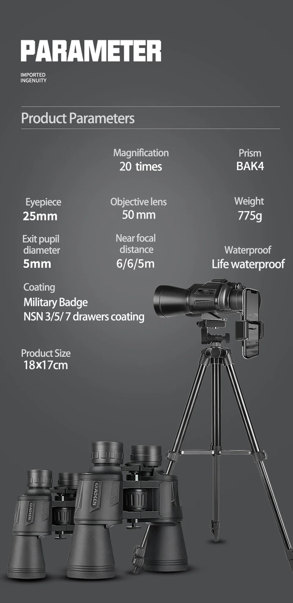 German Military-Grade 20x50 HD Binoculars – Long-Range BAK4 Prism Telescope for Outdoor, Camping & Survival