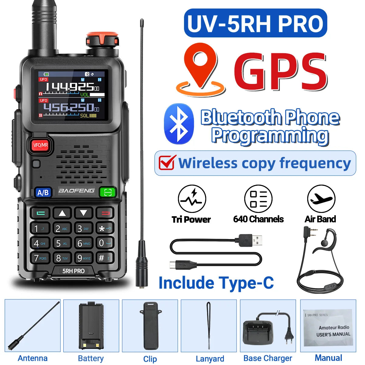 π‘ Baofeng UV-5RH PRO Bluetooth + GPS Walkie Talkie β Long-Range Multi-Band Two-Way Radio with Type-C Charging for Grid-Down Survival, Travel & Tactical Teams