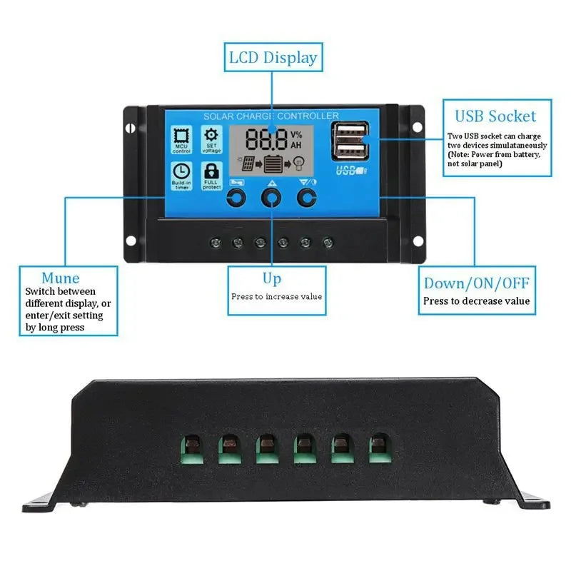 ☀️ 1200W Solar Panel Charger – 12V Dual USB with Optional 10A–100A Controller