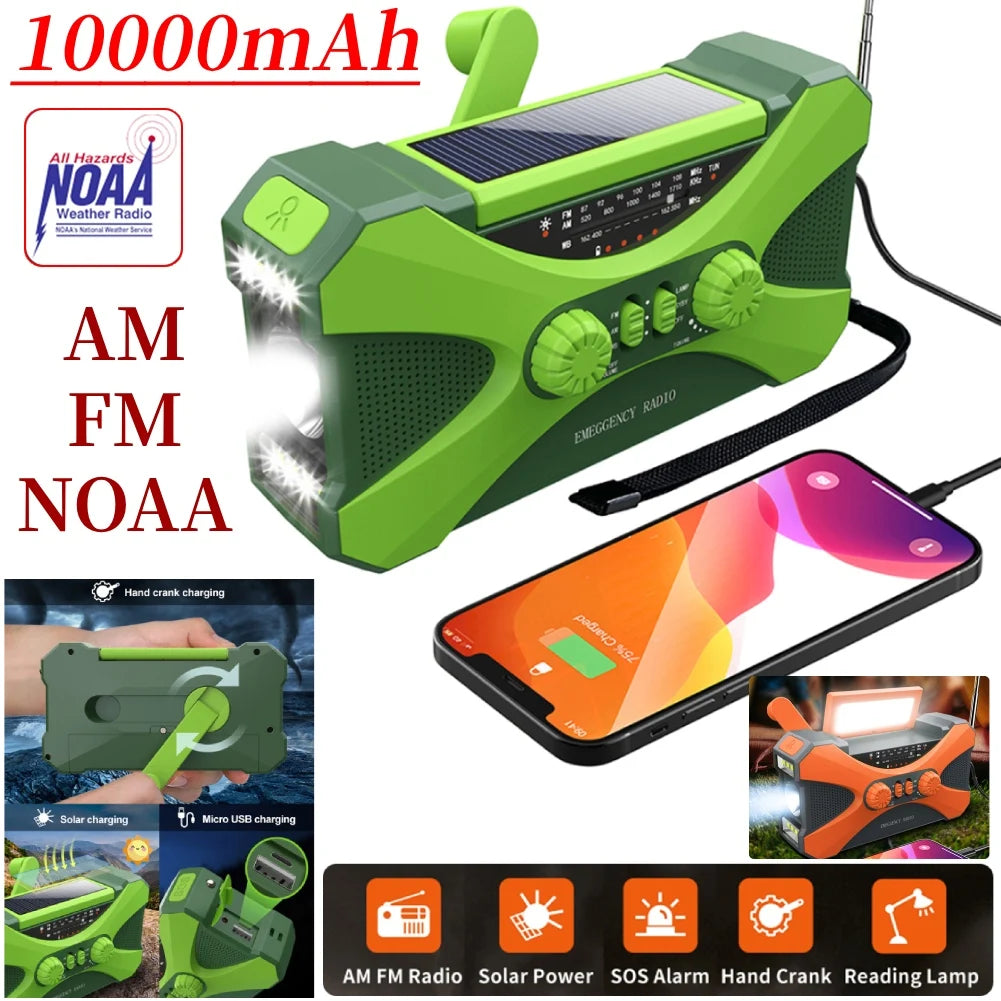 10,000mAh Emergency Weather Radio – Solar Hand Crank NOAA FM/AM/WB with LED Flashlight and Power Bank