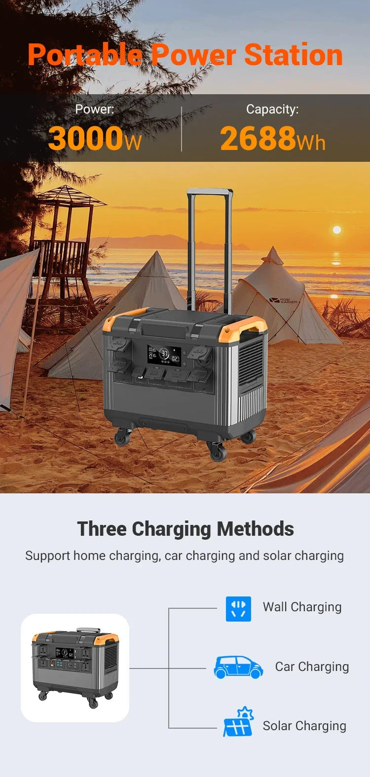 ⚡ 3000W Portable Power Station – LiFePO4 Solar Generator with 2688Wh Capacity & 220V Output for Camping, RV & Emergency Backup