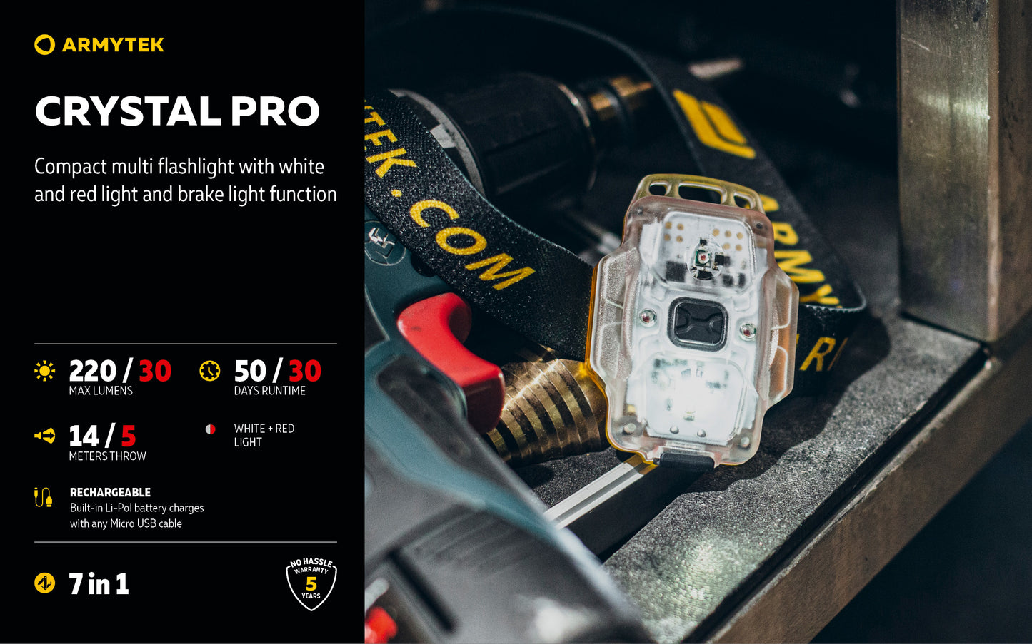 Armytek Crystal Pro 7-in-1 Multi-Function Flashlight – White/Red Light, Motion-Sensing Brake Mode, IP67 Waterproof