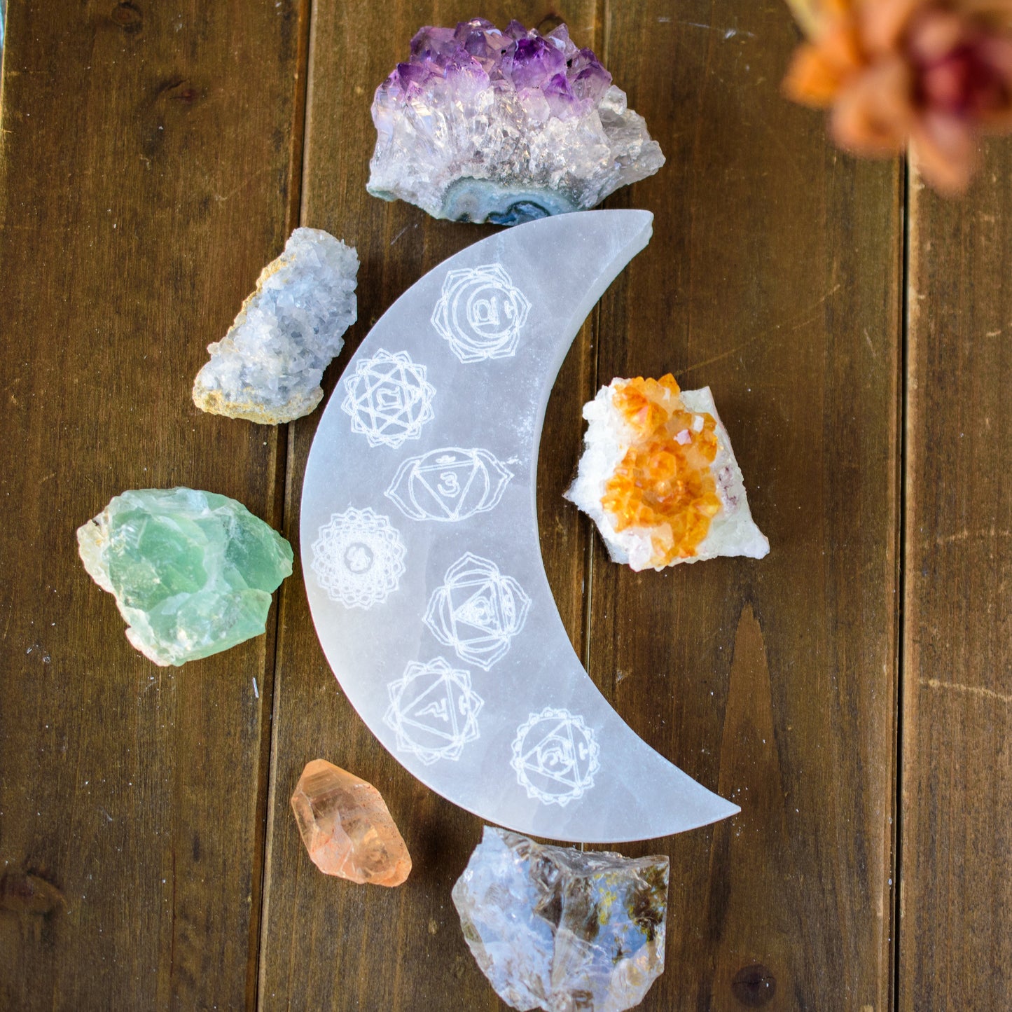 7 Chakras Moon Selenite Plate