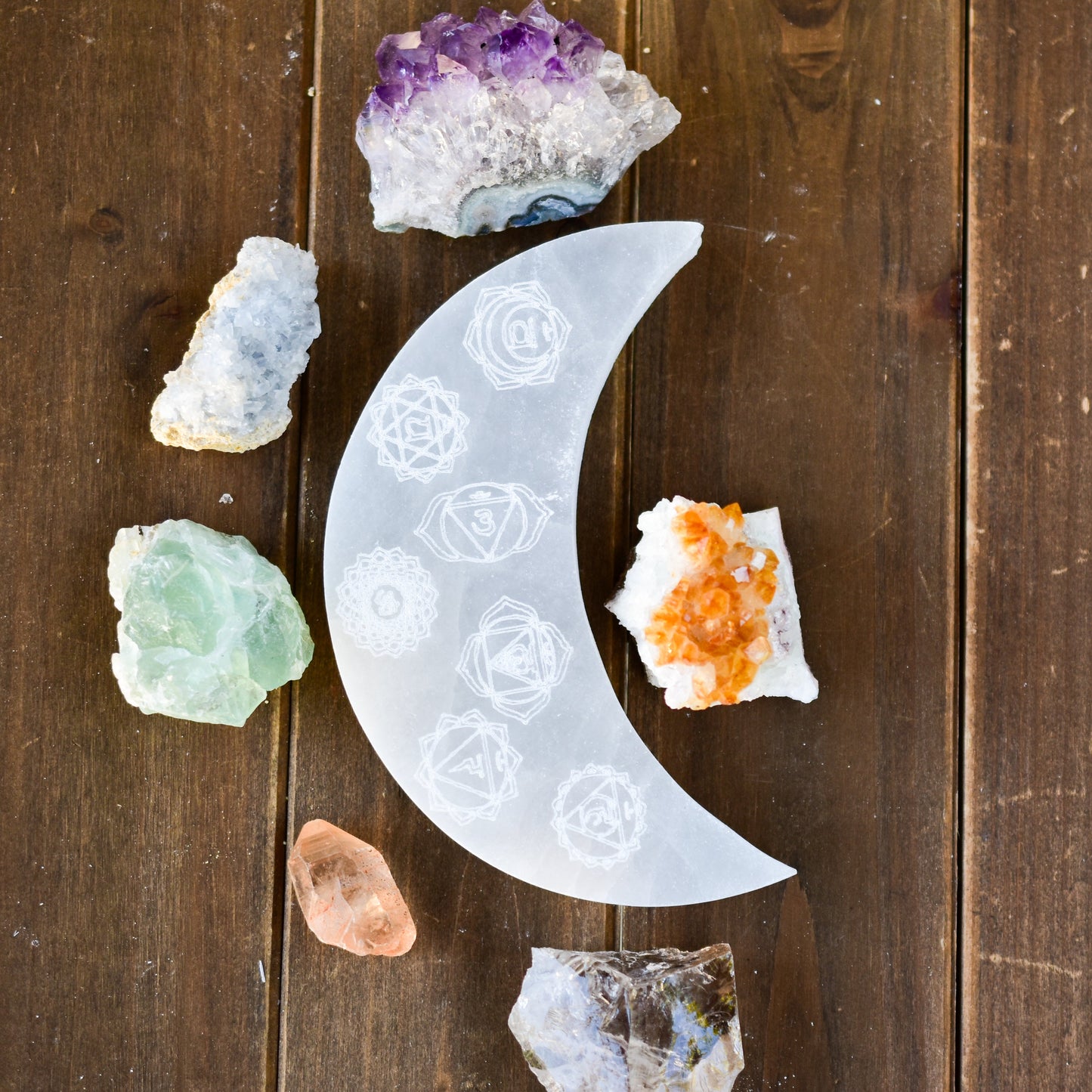 7 Chakras Moon Selenite Plate