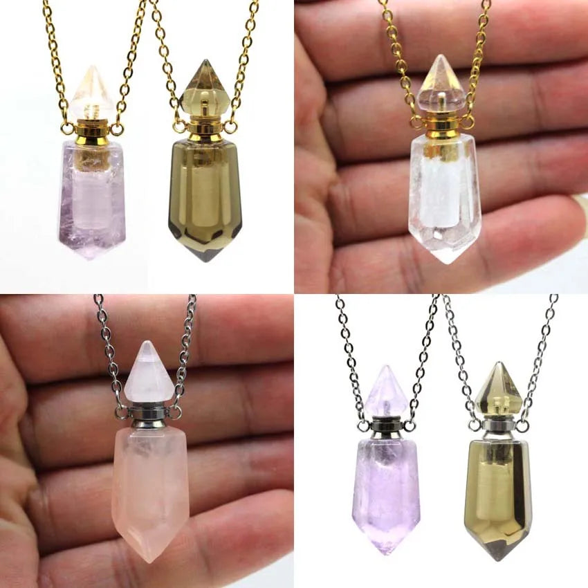 Natural Crystal Stone Perfume Bottle Pendants Necklace Fluorite Rose Pink Quartz Hexagon Point Essential Oil Diffuser Jewelry