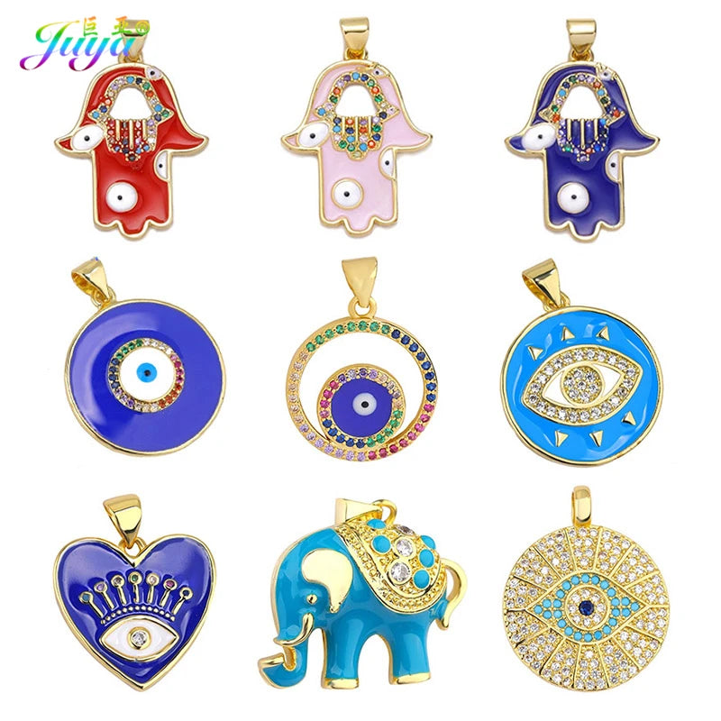 Juya Handmade 18K Real Gold Plated Hamsa Fatima Hand Greek Evil Eye Charms For DIY Trendy Enamel Pendant Talisman Jewelry Making