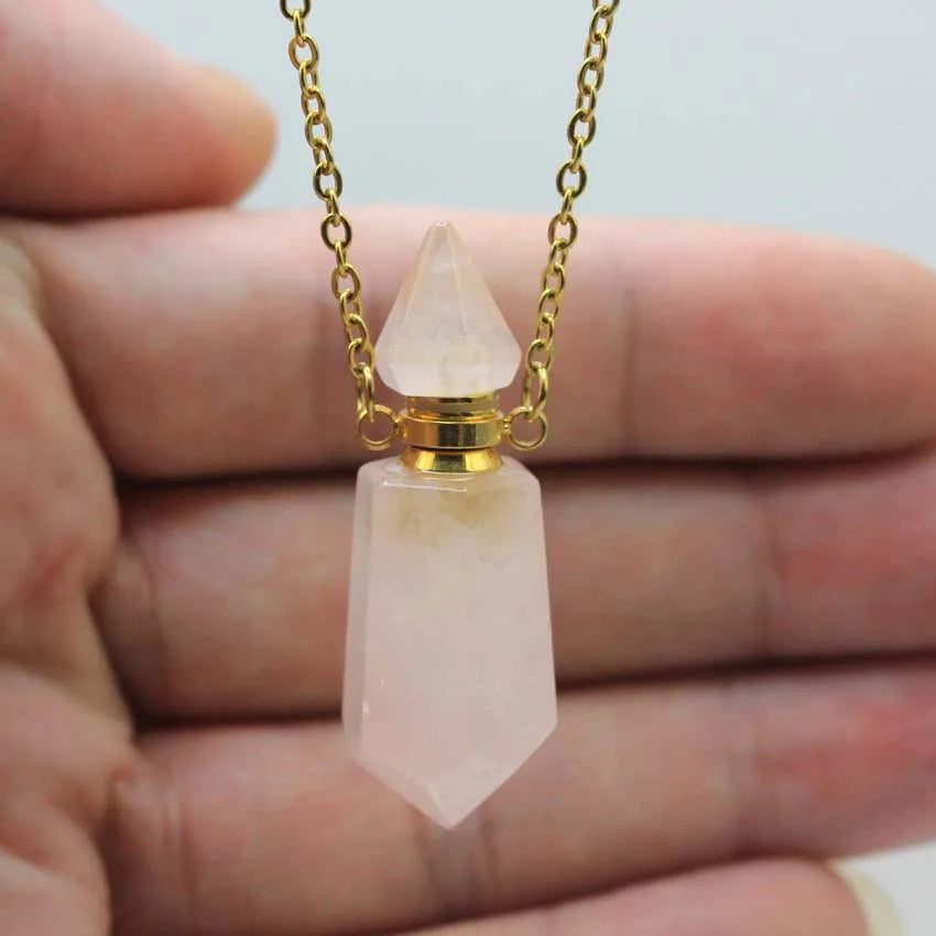 Natural Crystal Stone Perfume Bottle Pendants Necklace Fluorite Rose Pink Quartz Hexagon Point Essential Oil Diffuser Jewelry