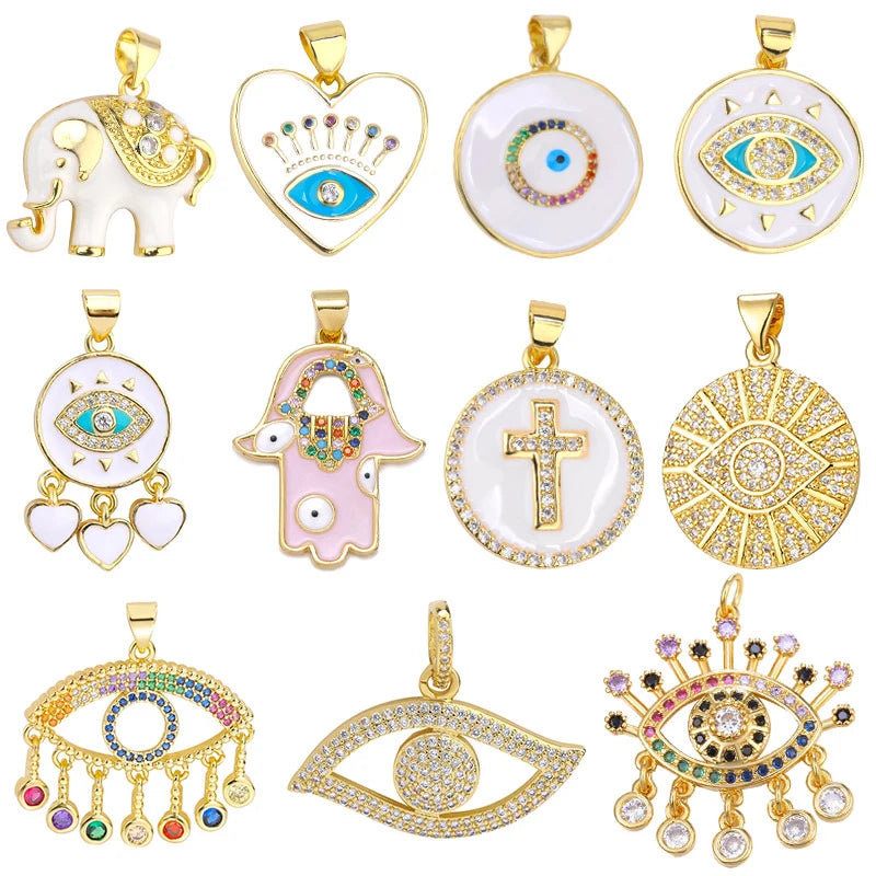 Juya Handmade 18K Real Gold Plated Hamsa Fatima Hand Greek Evil Eye Charms For DIY Trendy Enamel Pendant Talisman Jewelry Making