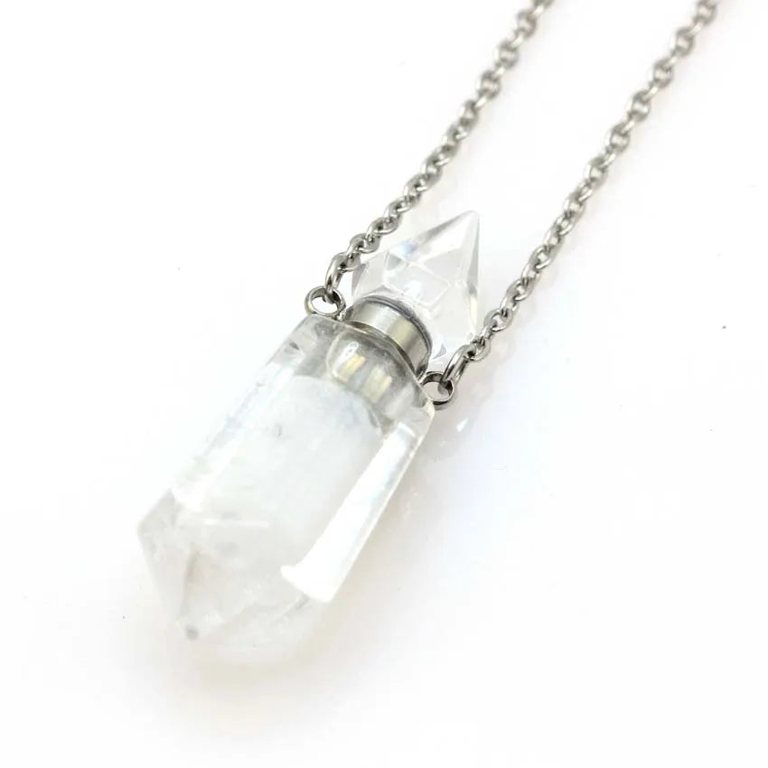 Natural Crystal Stone Perfume Bottle Pendants Necklace Fluorite Rose Pink Quartz Hexagon Point Essential Oil Diffuser Jewelry