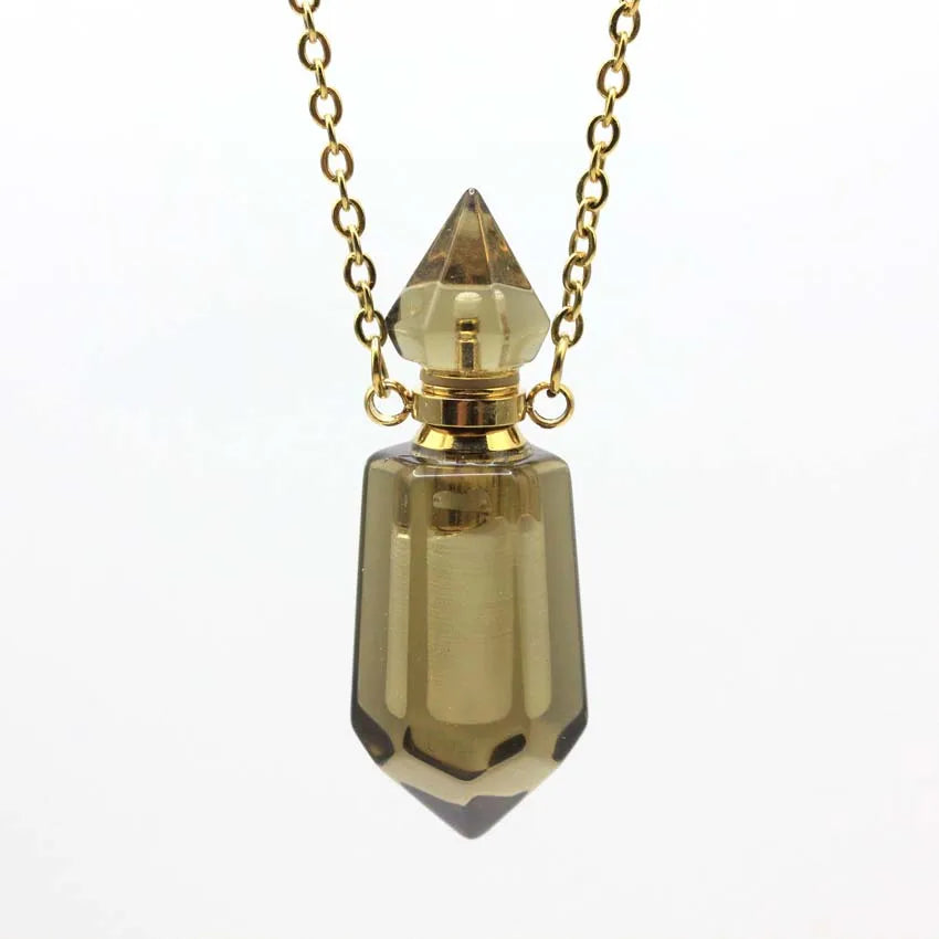 Natural Crystal Stone Perfume Bottle Pendants Necklace Fluorite Rose Pink Quartz Hexagon Point Essential Oil Diffuser Jewelry