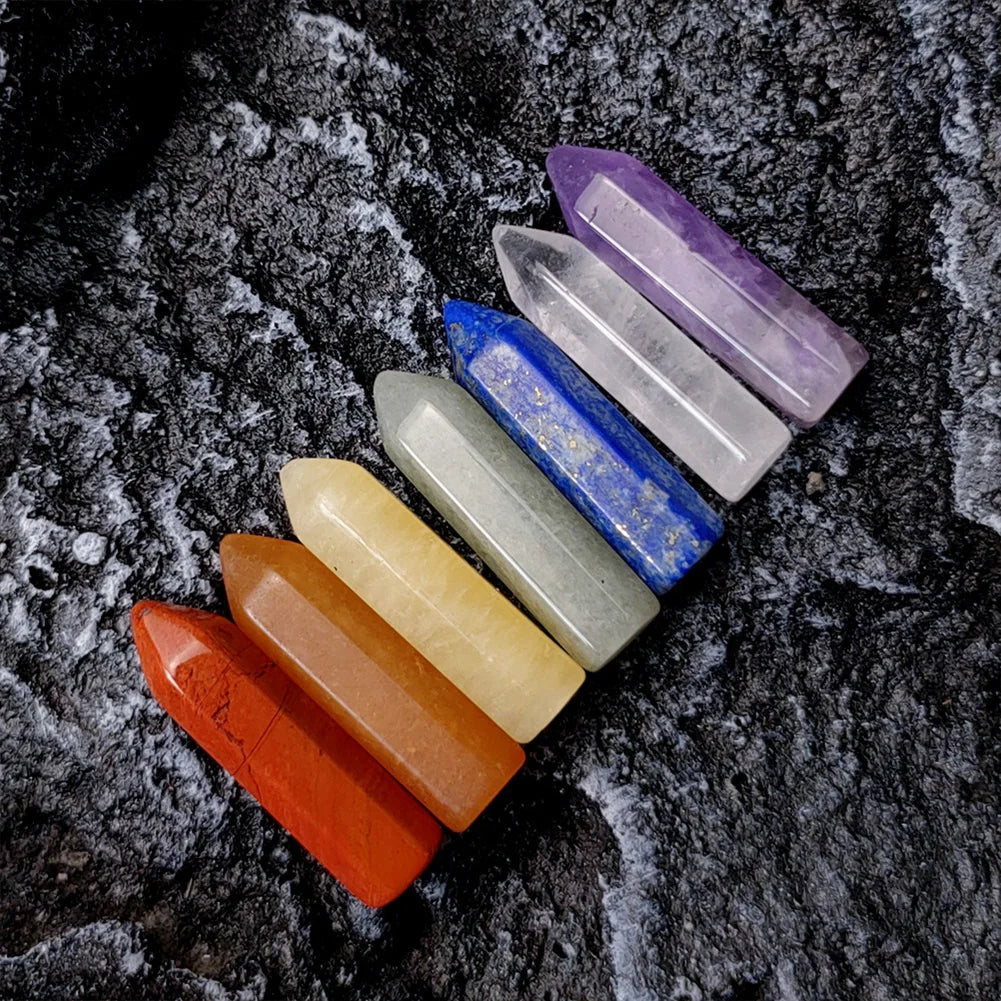 Seven Chakra Hexagonal Column Point Wand Natural Crystal Power Healing Stone Set Amethyst Clear Quartz Healing Gemstones Crafts