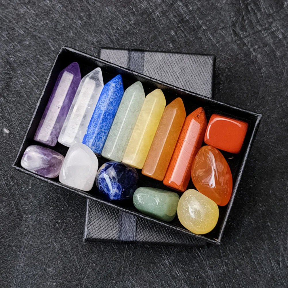 Seven Chakra Hexagonal Column Point Wand Natural Crystal Power Healing Stone Set Amethyst Clear Quartz Healing Gemstones Crafts