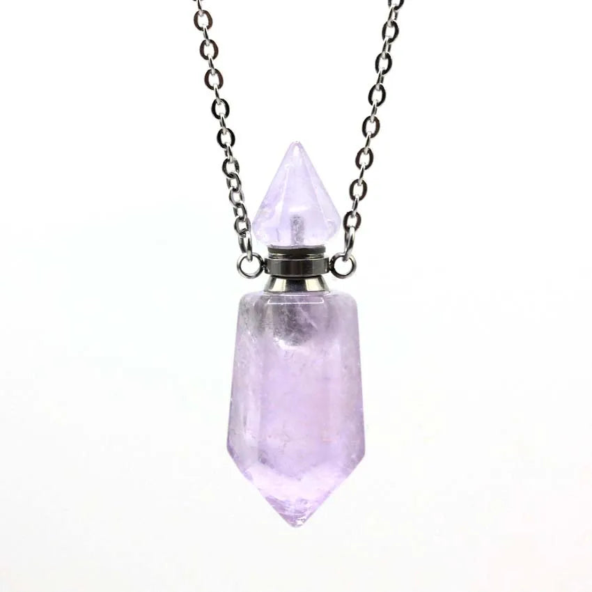 Natural Crystal Stone Perfume Bottle Pendants Necklace Fluorite Rose Pink Quartz Hexagon Point Essential Oil Diffuser Jewelry