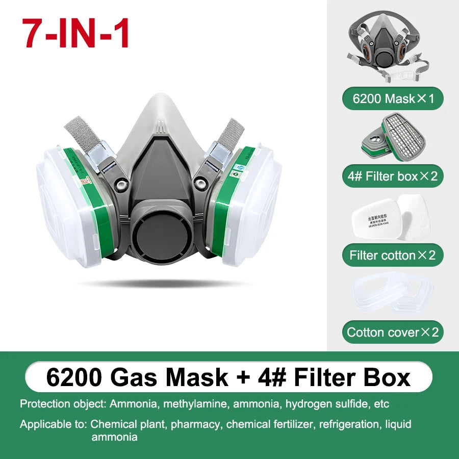 7 IN 1 Gas Mask Painting Spray Respirator Sets 95% Dust Particle Filtration Organic Acid Ammonia Chemicals Proof Resin Work Safe