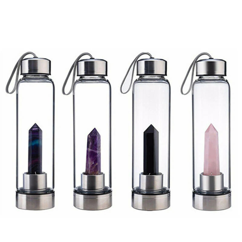 2021 New 500ML Natural Gemstone Glass Water Bottle for Direct Drinking Crystal Rod Cup Glass Bottle with Rope Glass Bottle