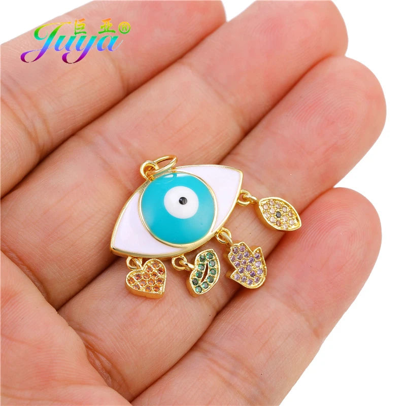 Juya Handmade 18K Real Gold Plated Hamsa Fatima Hand Greek Evil Eye Charms For DIY Trendy Enamel Pendant Talisman Jewelry Making