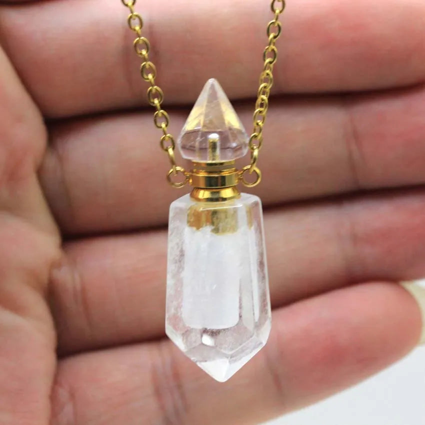 Natural Crystal Stone Perfume Bottle Pendants Necklace Fluorite Rose Pink Quartz Hexagon Point Essential Oil Diffuser Jewelry