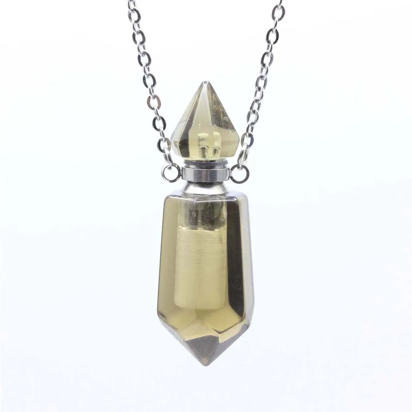 Natural Crystal Stone Perfume Bottle Pendants Necklace Fluorite Rose Pink Quartz Hexagon Point Essential Oil Diffuser Jewelry