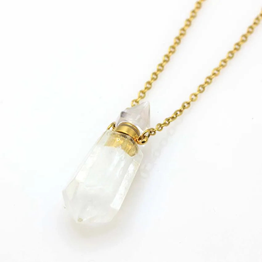 Natural Crystal Stone Perfume Bottle Pendants Necklace Fluorite Rose Pink Quartz Hexagon Point Essential Oil Diffuser Jewelry