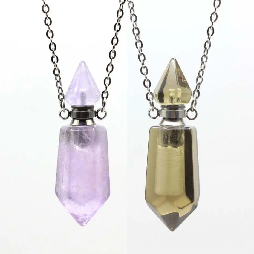 Natural Crystal Stone Perfume Bottle Pendants Necklace Fluorite Rose Pink Quartz Hexagon Point Essential Oil Diffuser Jewelry