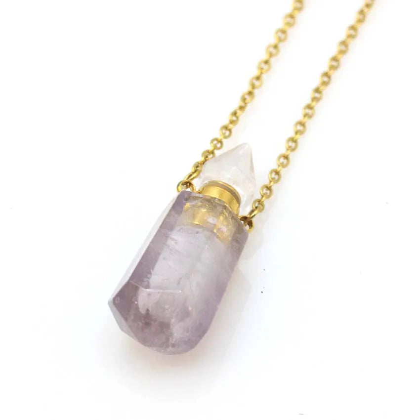 Natural Crystal Stone Perfume Bottle Pendants Necklace Fluorite Rose Pink Quartz Hexagon Point Essential Oil Diffuser Jewelry