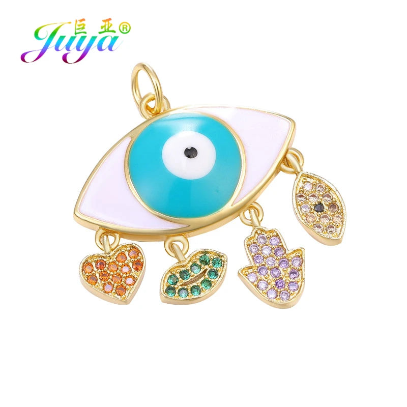 Juya Handmade 18K Real Gold Plated Hamsa Fatima Hand Greek Evil Eye Charms For DIY Trendy Enamel Pendant Talisman Jewelry Making