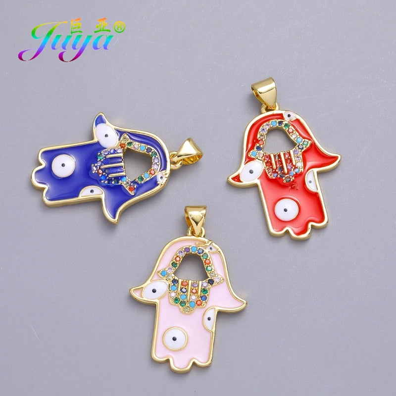 Juya Handmade 18K Real Gold Plated Hamsa Fatima Hand Greek Evil Eye Charms For DIY Trendy Enamel Pendant Talisman Jewelry Making