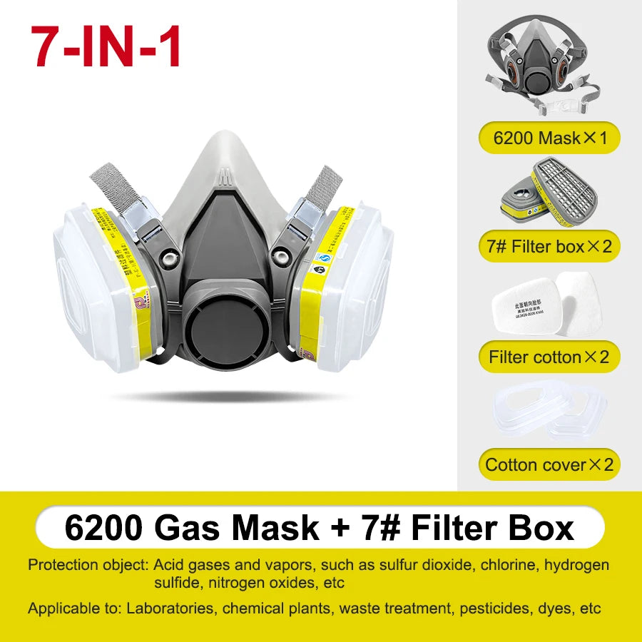 7 IN 1 Gas Mask Painting Spray Respirator Sets 95% Dust Particle Filtration Organic Acid Ammonia Chemicals Proof Resin Work Safe