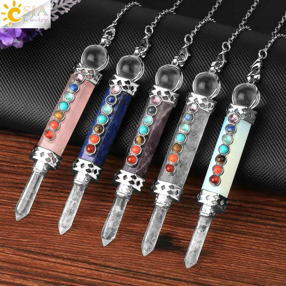 CSJA 7 Chakra Divination Pendulum for Dowsing Crystal Quartz Pendulums 2021 Natural Stone Pendant Wand Pendulos Spiritual G676