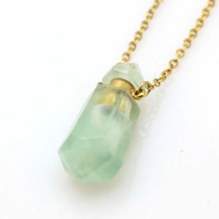 Natural Crystal Stone Perfume Bottle Pendants Necklace Fluorite Rose Pink Quartz Hexagon Point Essential Oil Diffuser Jewelry