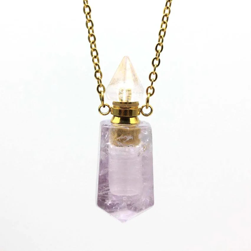 Natural Crystal Stone Perfume Bottle Pendants Necklace Fluorite Rose Pink Quartz Hexagon Point Essential Oil Diffuser Jewelry