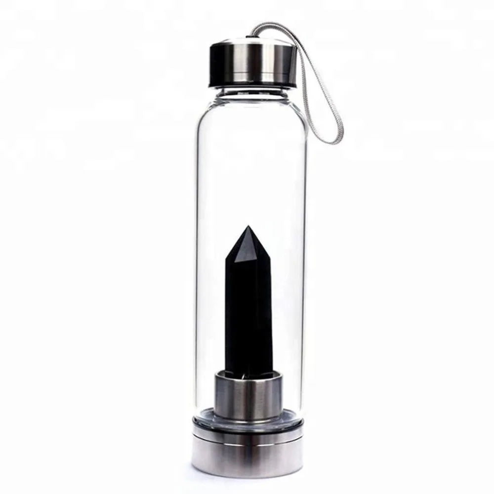 2021 New 500ML Natural Gemstone Glass Water Bottle for Direct Drinking Crystal Rod Cup Glass Bottle with Rope Glass Bottle