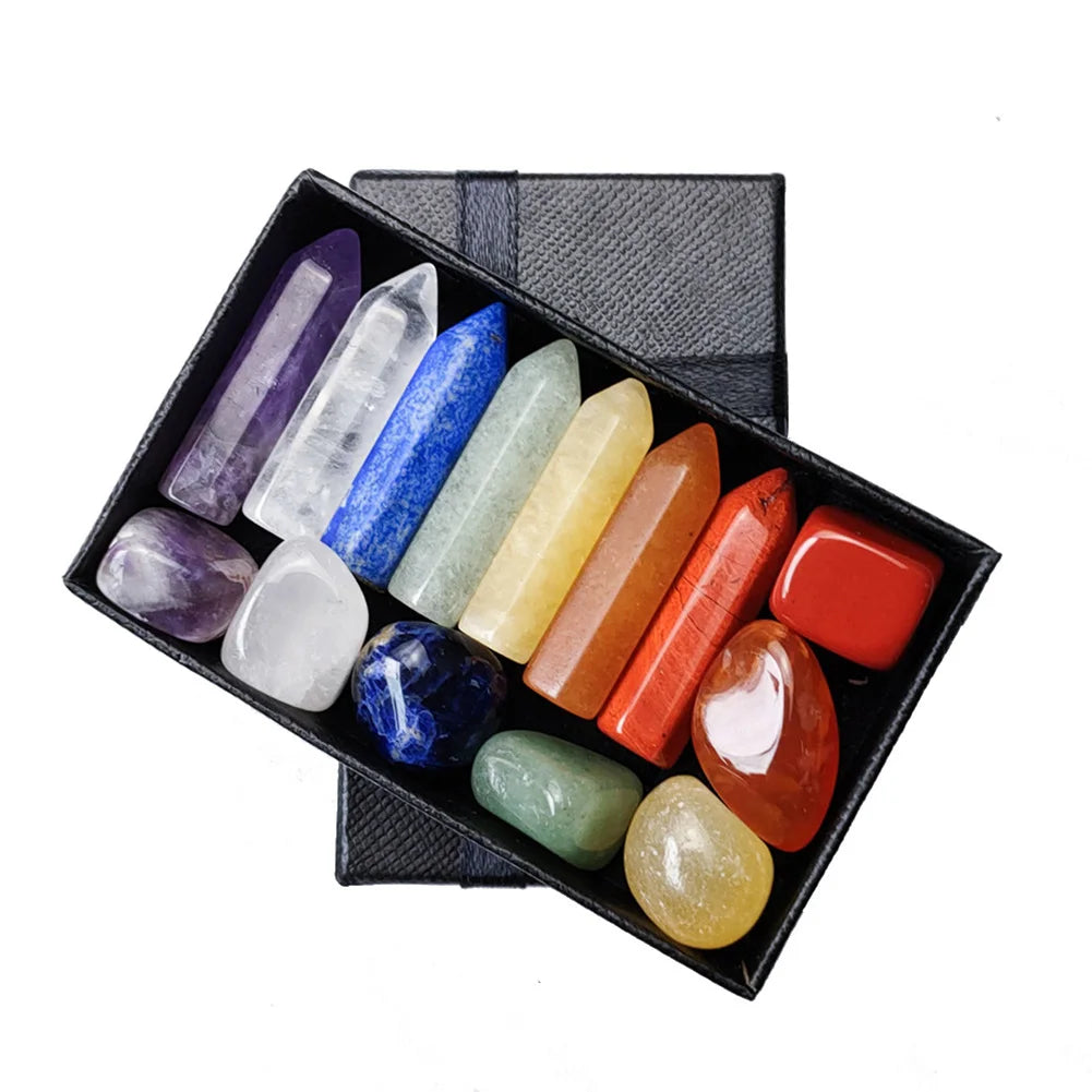 Seven Chakra Hexagonal Column Point Wand Natural Crystal Power Healing Stone Set Amethyst Clear Quartz Healing Gemstones Crafts