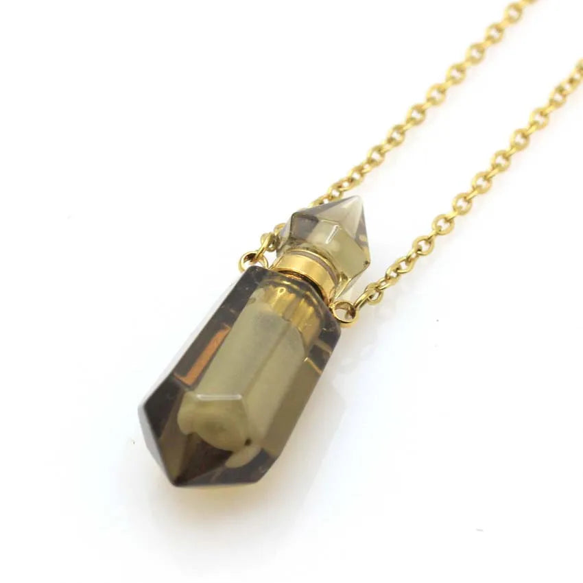 Natural Crystal Stone Perfume Bottle Pendants Necklace Fluorite Rose Pink Quartz Hexagon Point Essential Oil Diffuser Jewelry